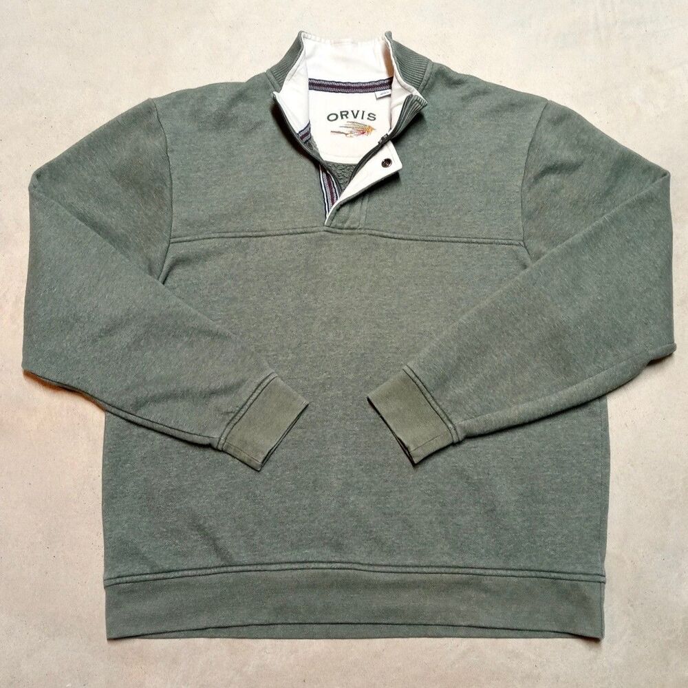 Orvis Men’s 1/4 Zip Pullover Sweatshirt Size XL Fleece Snap Button Mock Neck